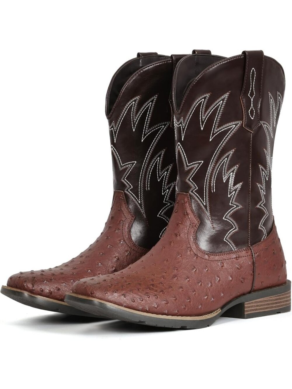 🆕Men's Red Brown Cowboy Boots Western Ostrich Wide Embroidered Pull On